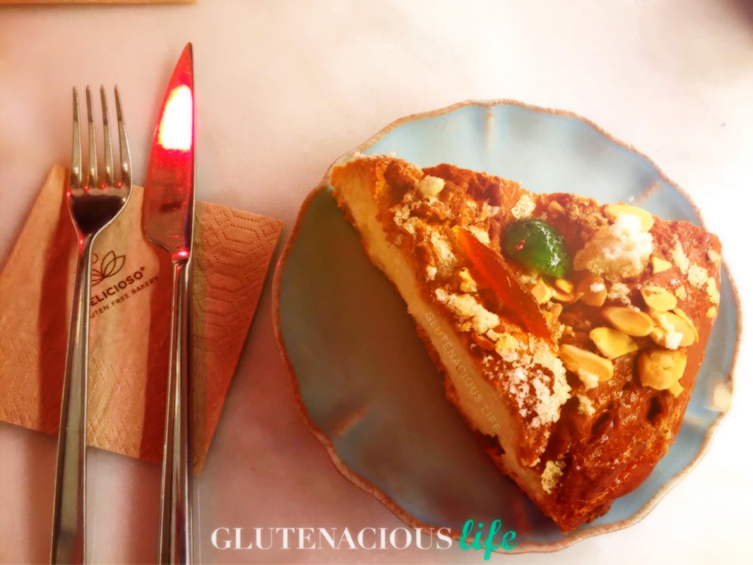 Dónde comprar roscón de Reyes sin gluten en España: tiendas, establecimientos, obradores y pastelerías. | Porción de roscón de Reyes de Celicioso. | GlutenaciousLife.com
